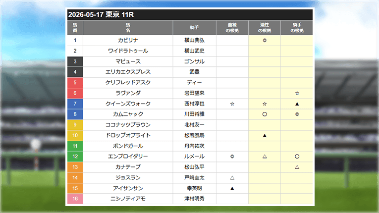 東京11Rのカチウマの定理の無料予想